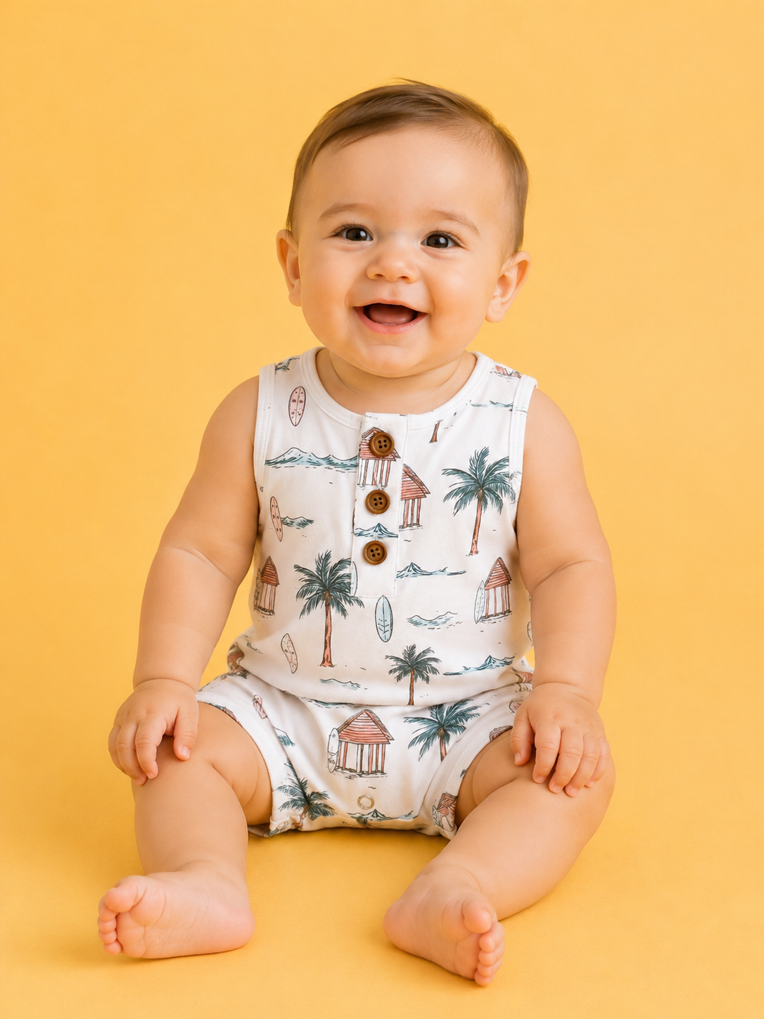 A smiling baby wears the Tiny Tot Bundles Palm Coast Tank Romper, featuring palm tree and beach hut prints, while sitting on the floor against a solid yellow background.