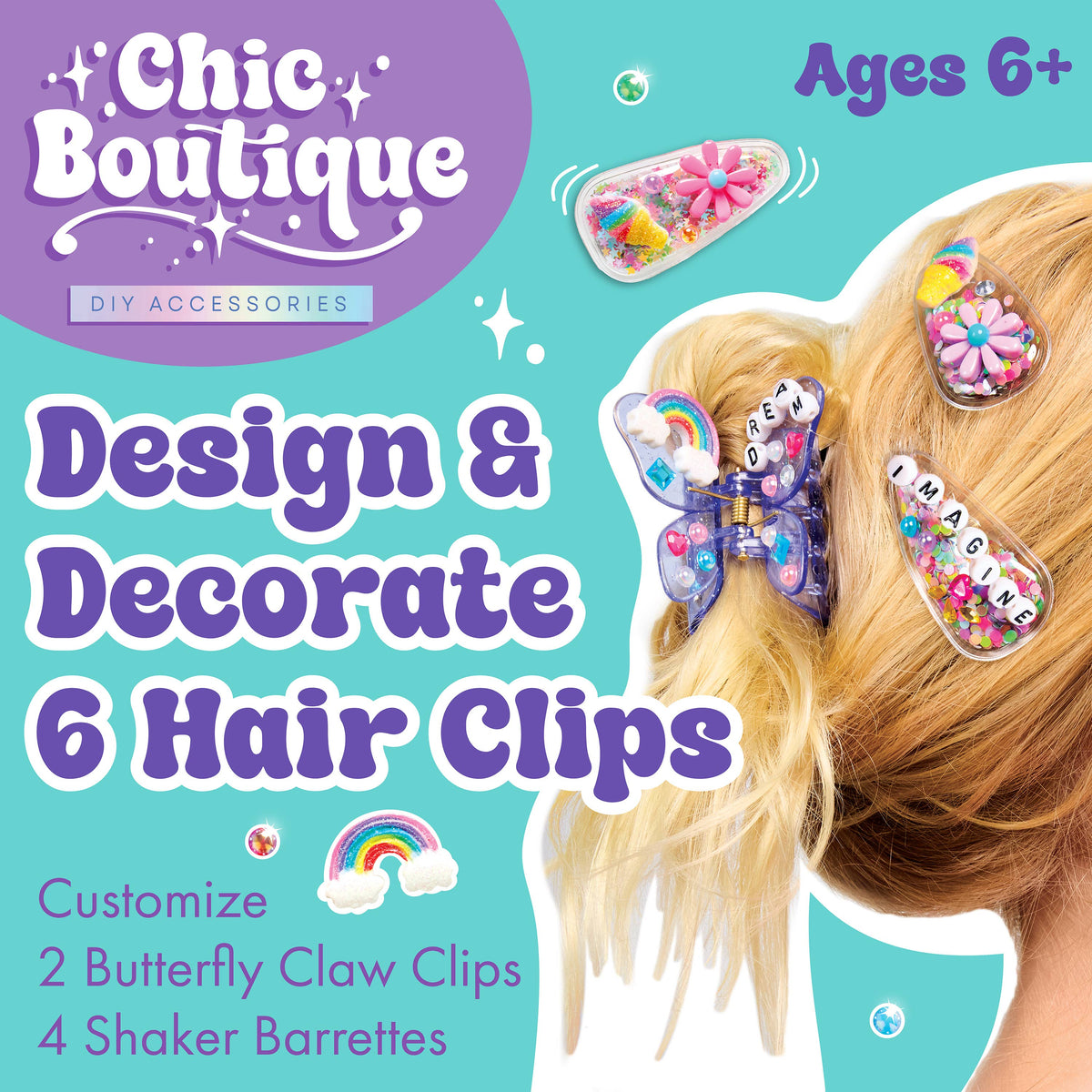 A girl with decorated hair clips in her hair is featured on a Faber-Castell / Creativity for Kids Chic Boutique DIY Hair Clip Kit for Kids box. The kit allows children ages 6 and up to design and decorate 6 unique hair clips—including butterfly claw clips and shaker barrettes—making it a perfect girls’ birthday gift for creative fun.
