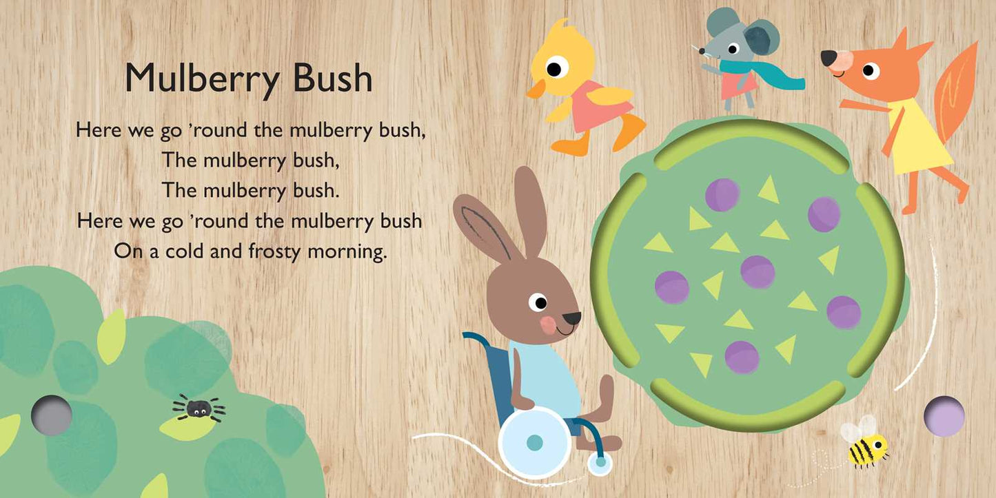Illustration of animals dancing around a bush with the lyrics to “Mary Had a Little Lamb” on a wooden background. Features a rabbit in a wheelchair, mouse, fox, and squirrel. From Simon & Schuster’s Mary Had a Little Lamb Book.