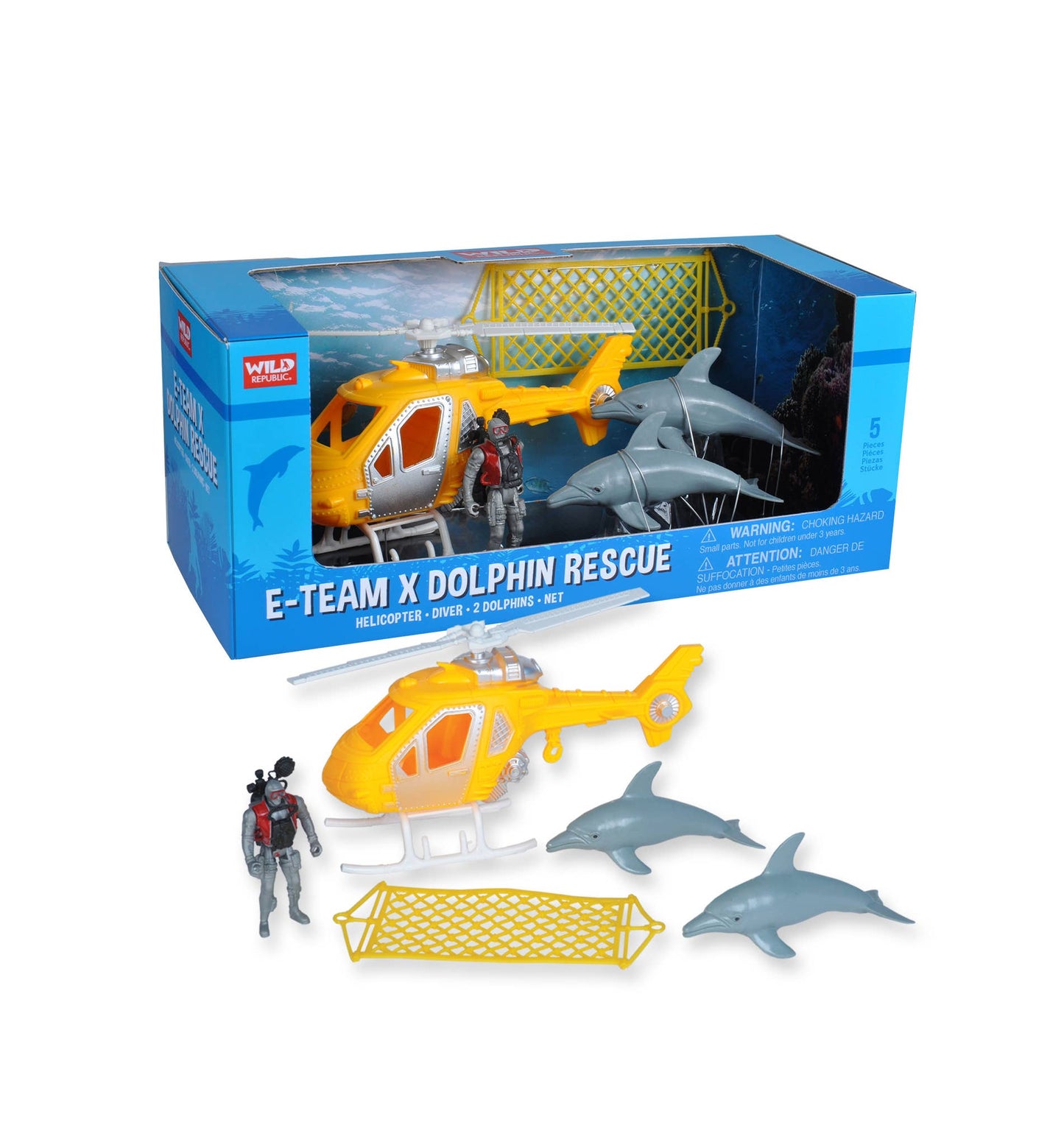 The Wild Republic E-Team Dolphin Toy includes a yellow helicopter, two gray dolphins, a diver figure, and two yellow rescue nets, shown in and outside a blue E-TEAM X DOLPHIN RESCUE box.