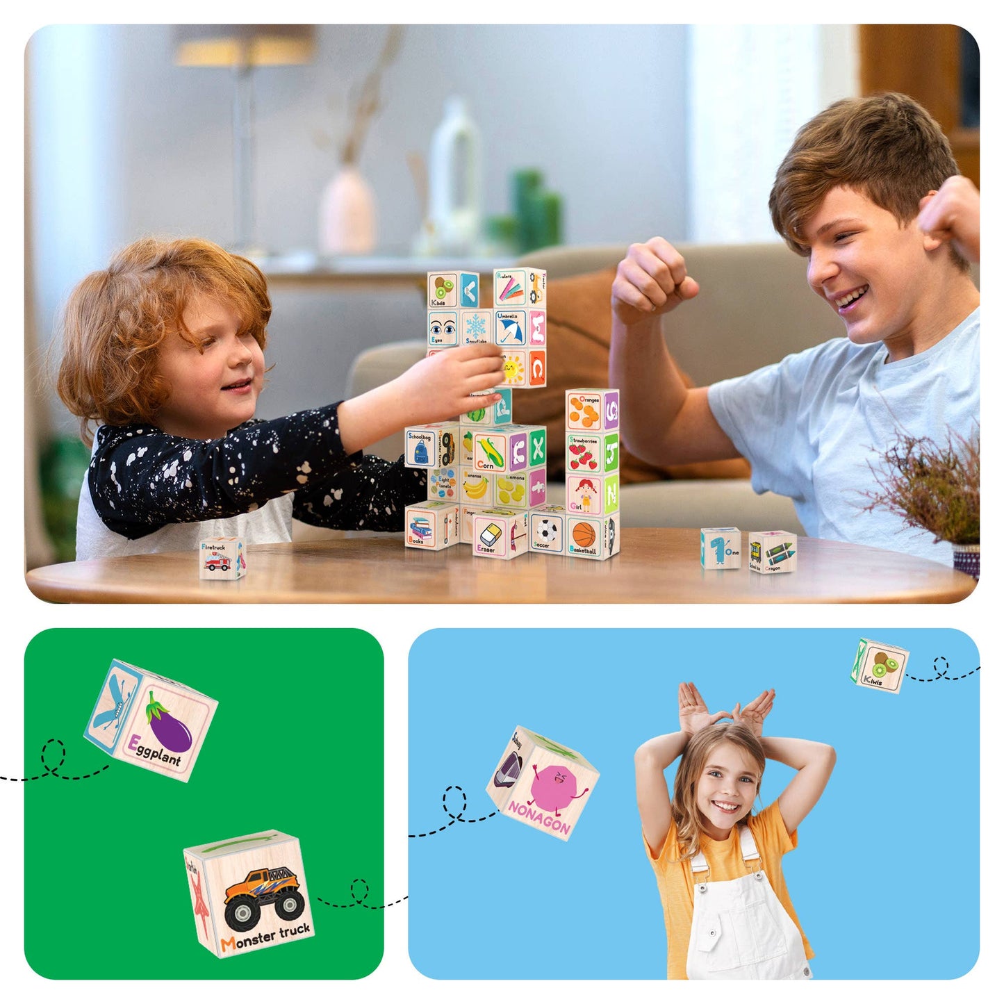 Two children happily play with PicassoTiles 36pc 1" Magnetic Cubes at a table. Below, a smiling girl in orange holds the cubes overhead while two illustrated blocks from the PicassoTiles set float on a green background.