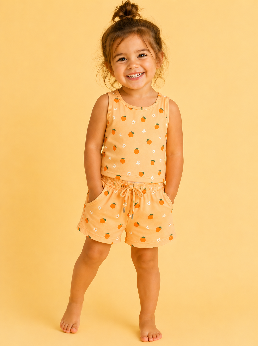 A young girl stands barefoot against a yellow background, smiling. She wears the Tiny Tot Bundles Orange Blossom Tank Set—an orange sleeveless top and shorts with a fruit print—and her hair is styled in a messy bun.