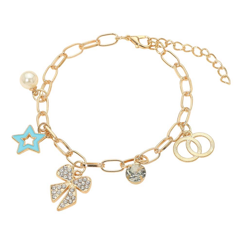 The Sensibling Corp. Star Charm Bracelet features a gold chain with charms: a blue star, pearl, interlocking rings, rhinestone, and a crystal-studded bow. The bracelet has an adjustable clasp for the perfect fit.