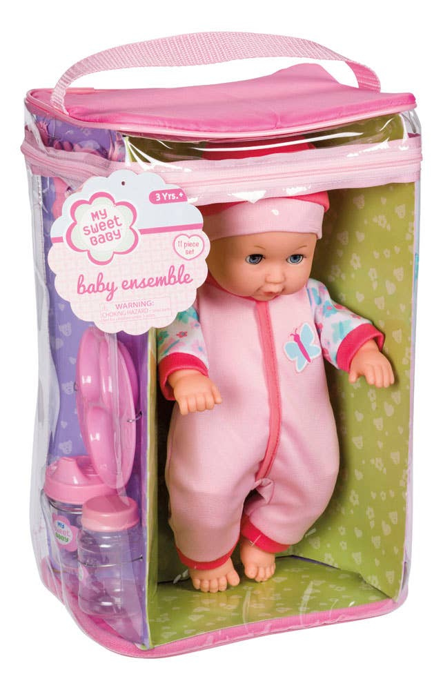 The Toysmith My Sweet Baby Deluxe Baby Ensemble 12-Piece Doll Playset features a baby doll dressed in a pink outfit and hat, packaged in a clear plastic bag with a pink handle. This charming set includes feeding accessories for pretend play and is recommended for ages 3 and up.