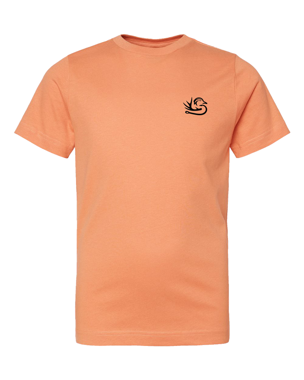 The Tuna Toddler Tee by Southern Down Outfitters is a peach short-sleeve shirt with a small black abstract swan logo on the left chest. The design is simple and plain, with no other patterns or graphics.