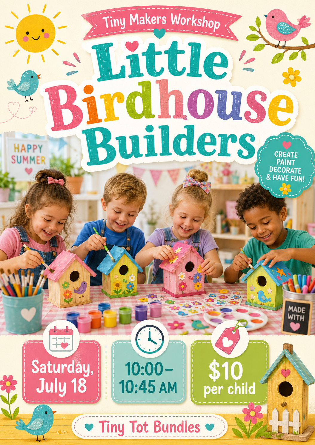 Four kids paint and decorate wooden birdhouses, smiling at a table during Tiny Tot Bundles’ “Tiny Makers Workshop Pass - July: Little Birdhouse Builders” event, a creative and fun workshop for young children.