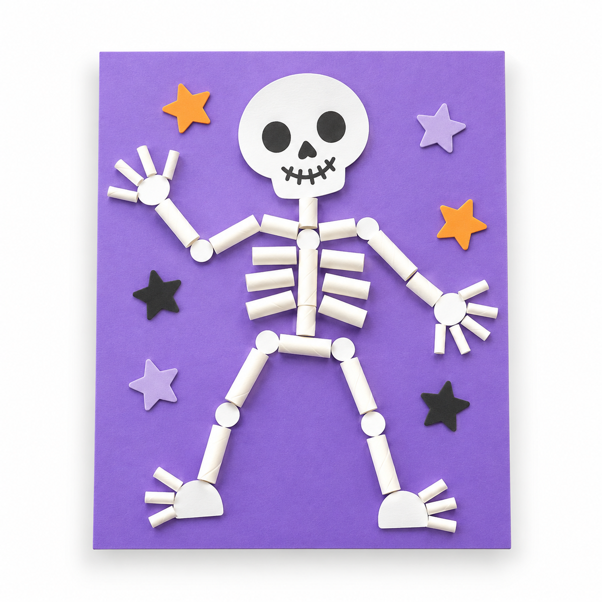 A Workshop Pass - Paper Straw Skeleton craft made of white paper straws and a paper skull, decorated with colorful star cutouts on a purple background.