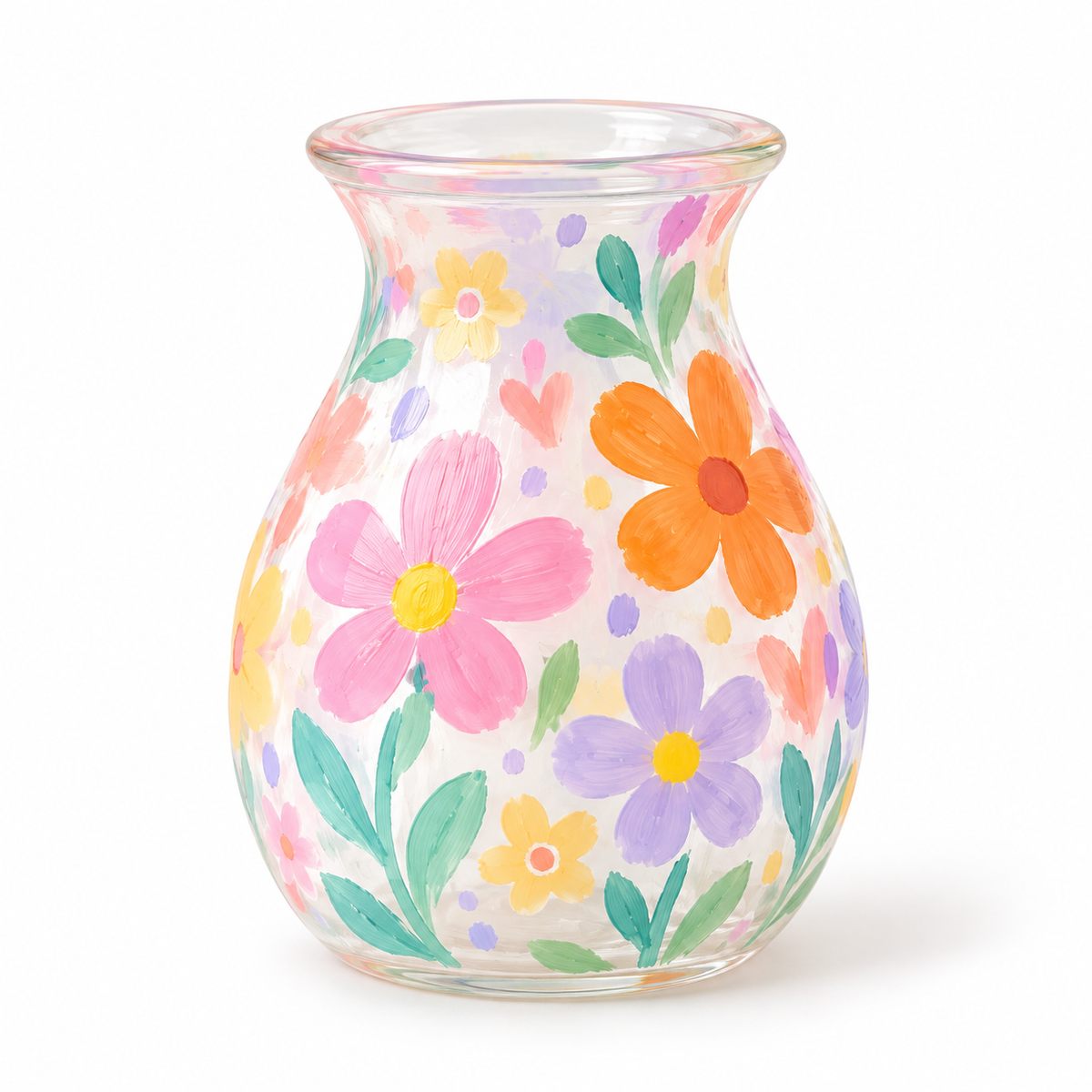 Workshop Pass - Paint A Vase featuring a clear glass vase hand-painted with colorful flowers and green leaves.