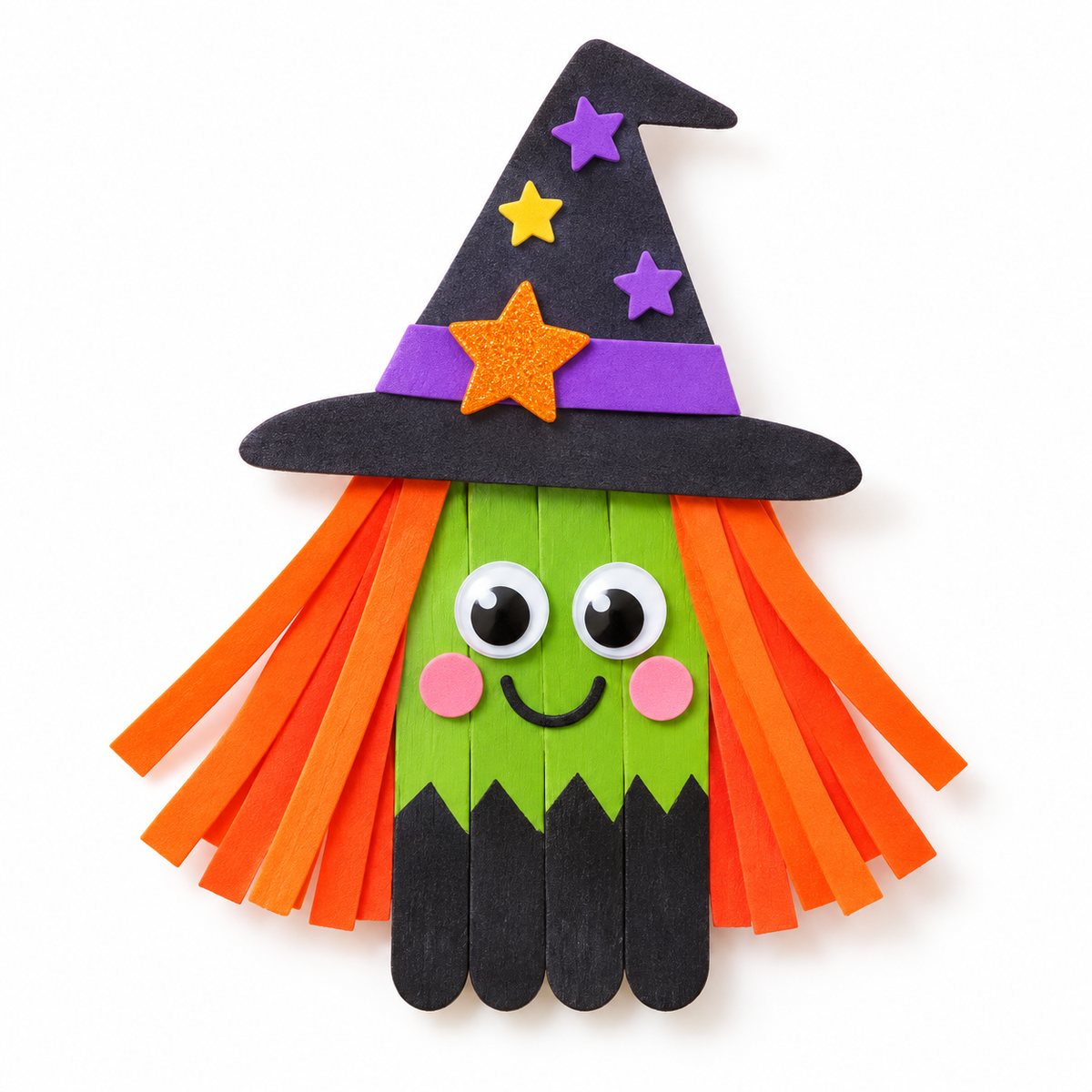 A Workshop Pass - Halloween Popsicle Craft witch made from green and black popsicle sticks, with orange paper hair, a black foam hat with stars, and googly eyes.
