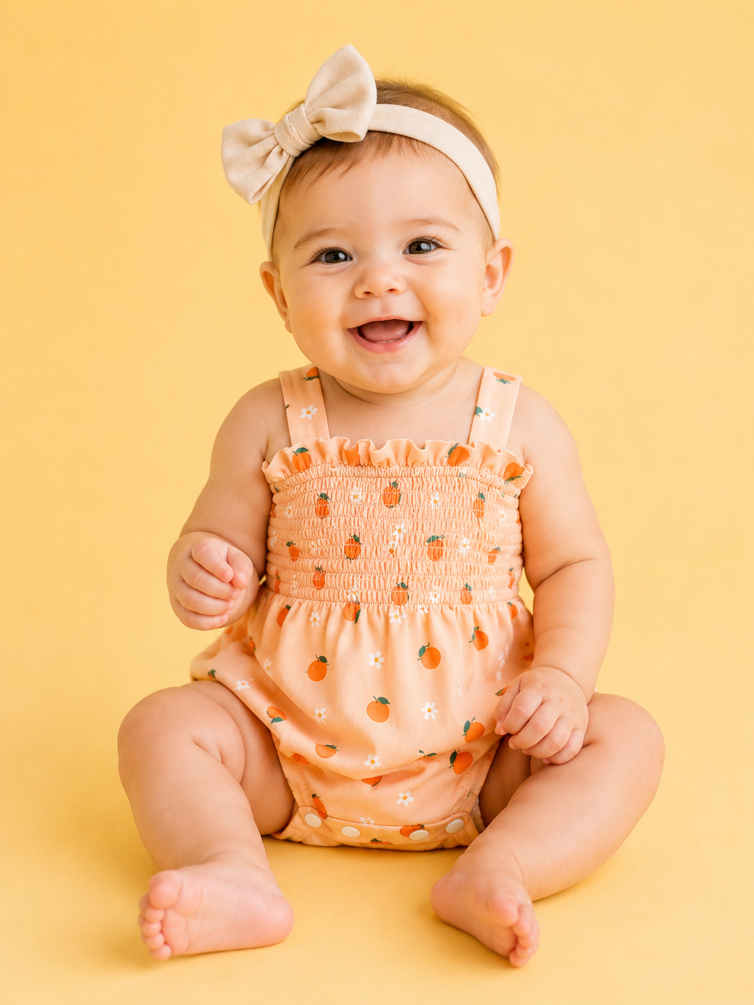 A smiling baby wears the Tiny Tot Bundles Orange Blossom Smocked Romper and a beige bow headband, sitting on the floor with a yellow background.