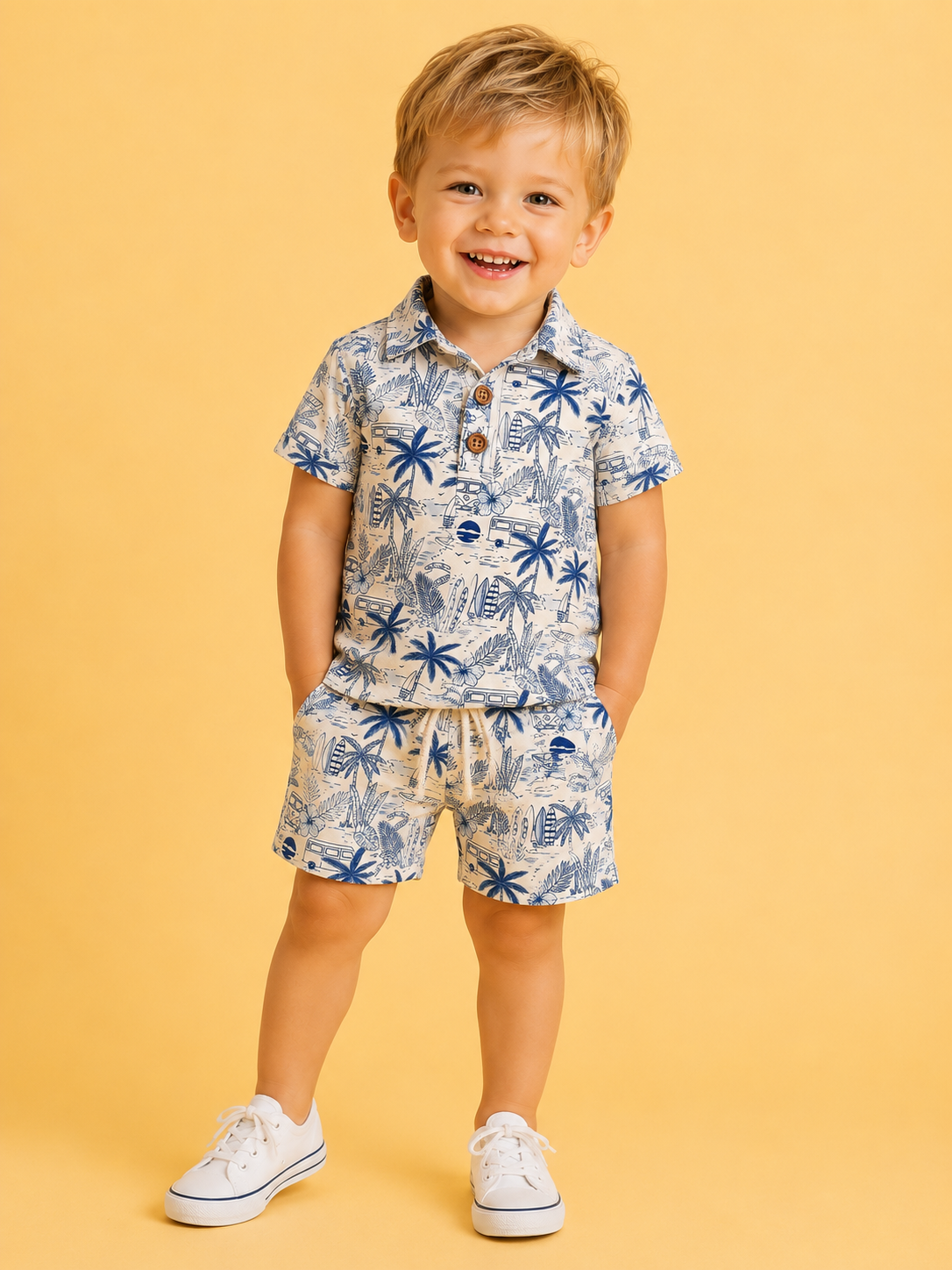 A young boy smiles against a yellow background, wearing the Surfside Florida Collared Set from Tiny Tot Bundles—a blue and white tropical shirt with matching shorts—paired with white sneakers and his hands in his pockets.