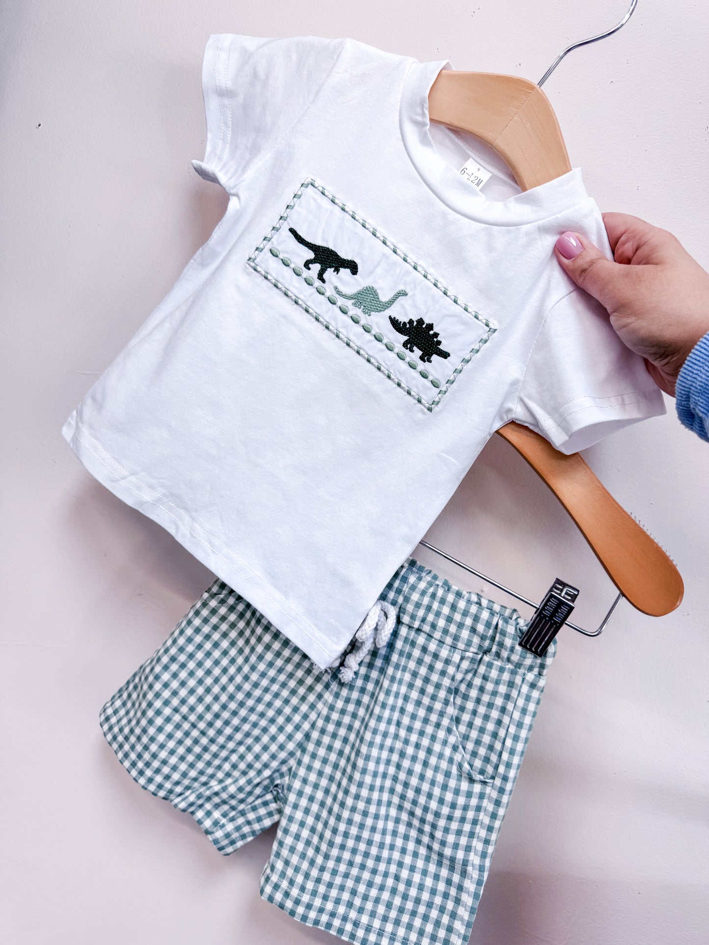 A hand holds the Tiny Tot Bundles Tiny T-Rex Boys Set—a white toddler t-shirt with green embroidered dinosaurs, paired with green and white gingham shorts—displayed on a hanger against a light background.