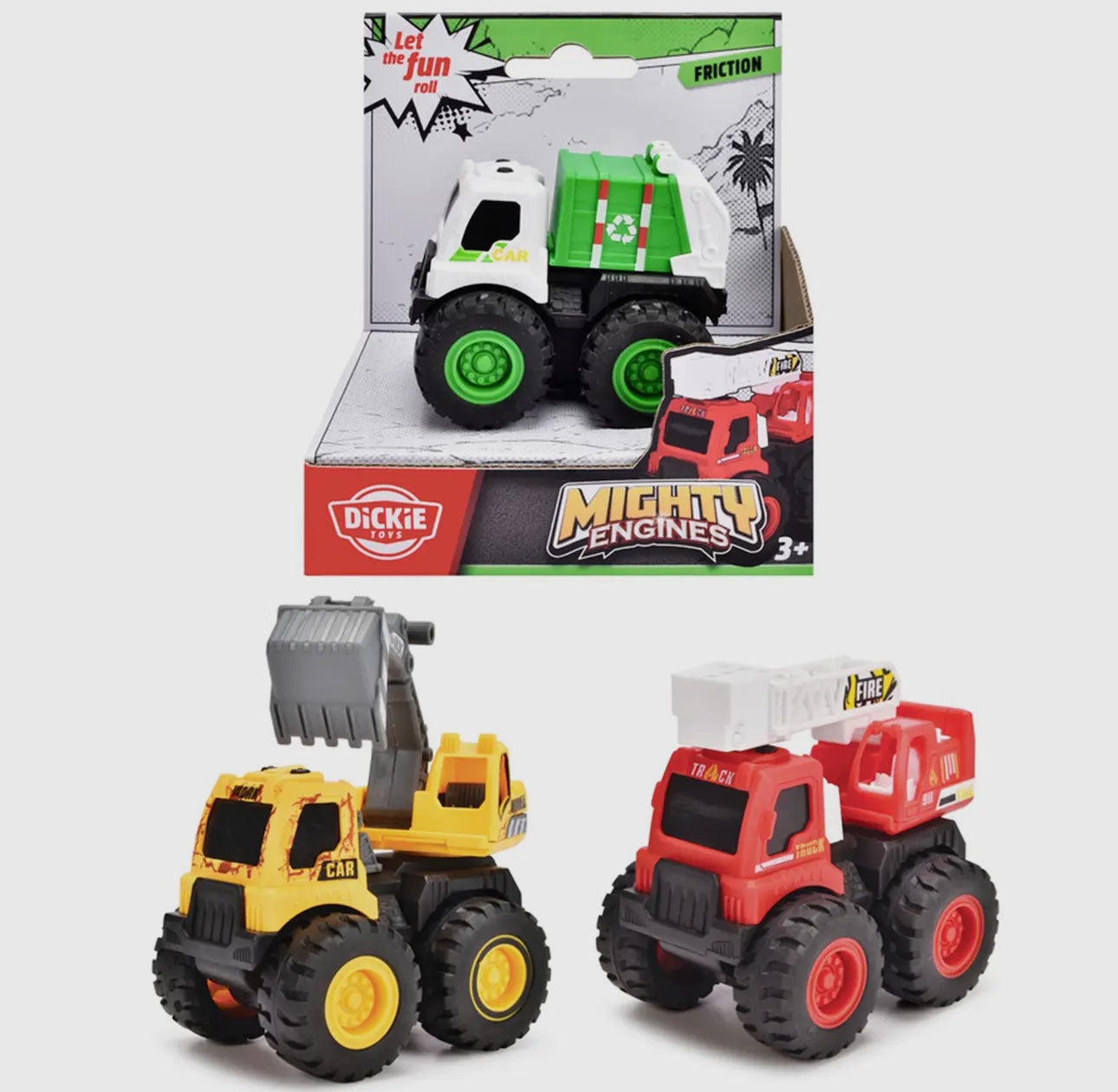 Three Toy Smith vehicles for kids: at the top, a green and white Simba Dickie recycling truck in packaging; below, a yellow excavator and a red Mighty Engines Monster Truck with large wheels, all on a white background.