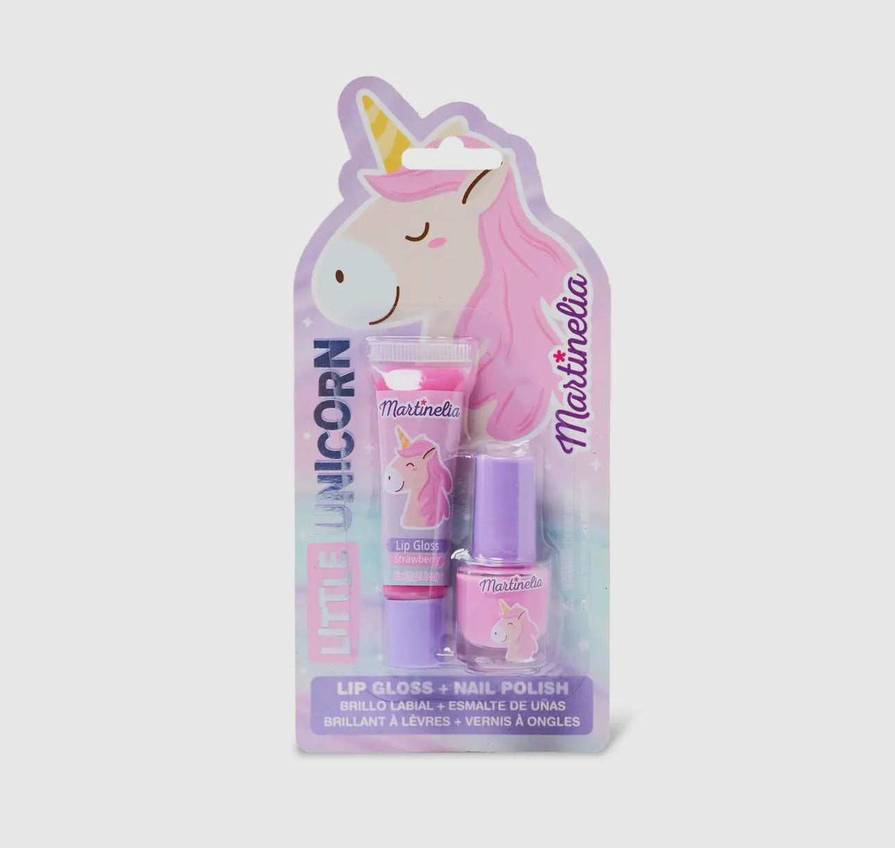 The Toy Smith Martinelia Little Unicorn Beauty Duo includes pink lip gloss and nail polish with a cute unicorn design, presented on a purple and pink unicorn-themed backing card.