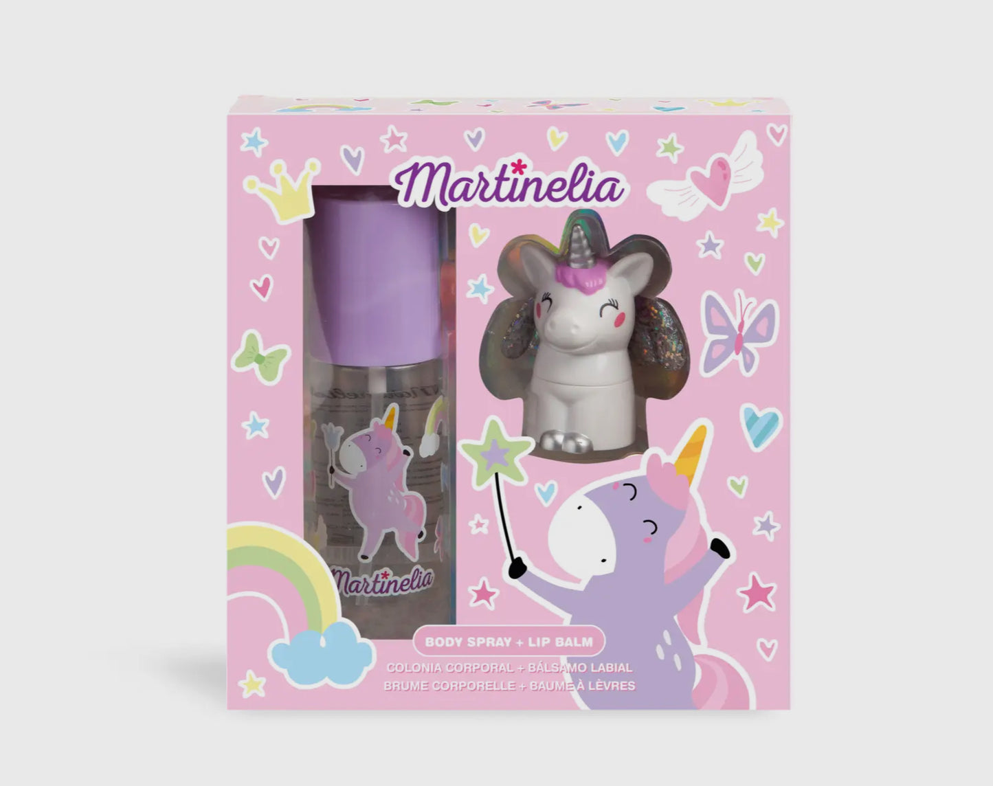 A pink box labeled Toy Smith Unicorn Sweet Dreams Body Spray & Lip Balm, featuring a unicorn-shaped lip balm and body spray, with packaging decorated with unicorns, rainbows, stars, and hearts.