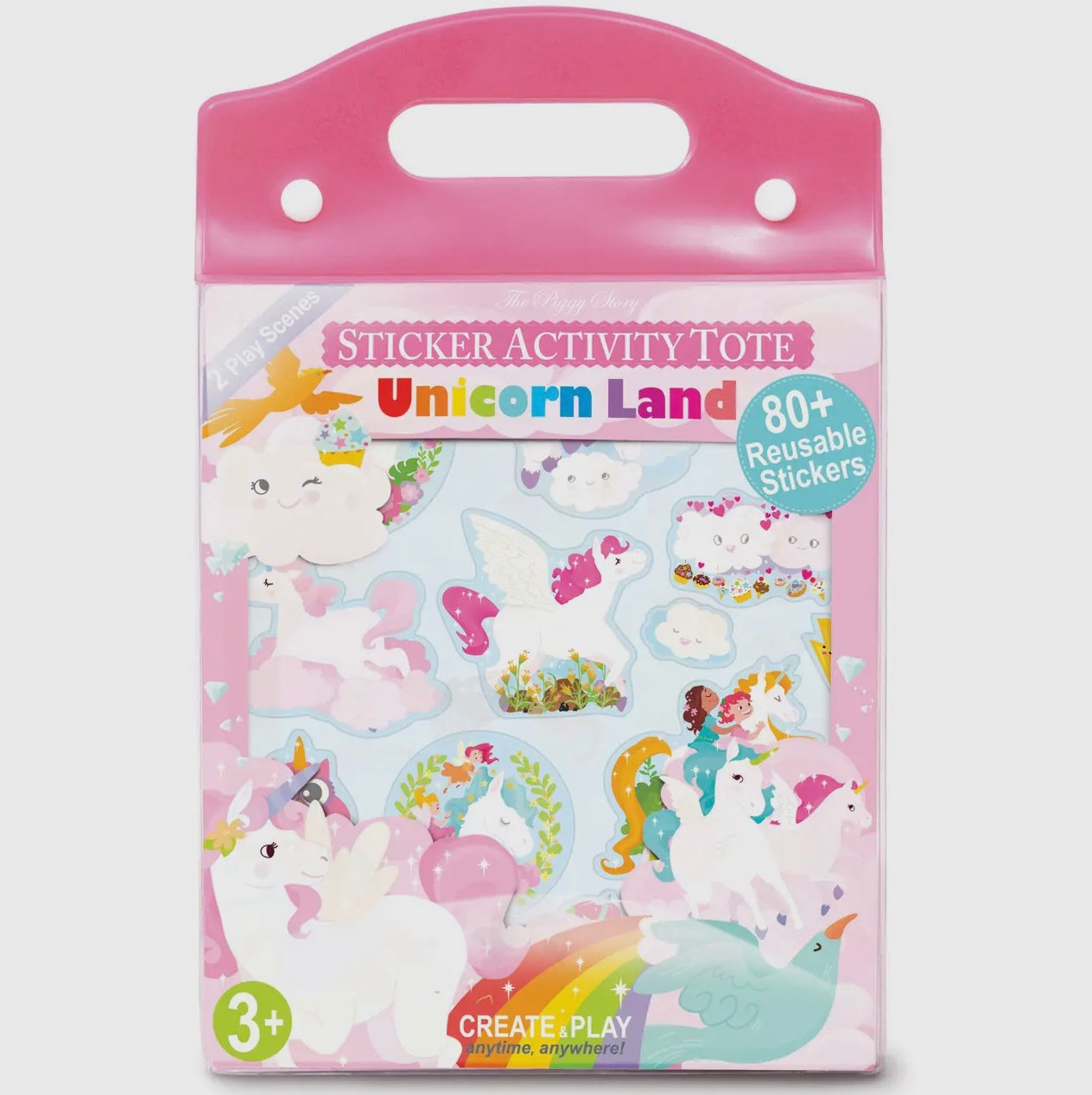 The Piggy Store's Sticker Activity Tote - Unicorn Land comes in a pink tote-shaped package with unicorns, rainbows, and clouds. It includes 80+ reusable stickers and is recommended for ages 3+.