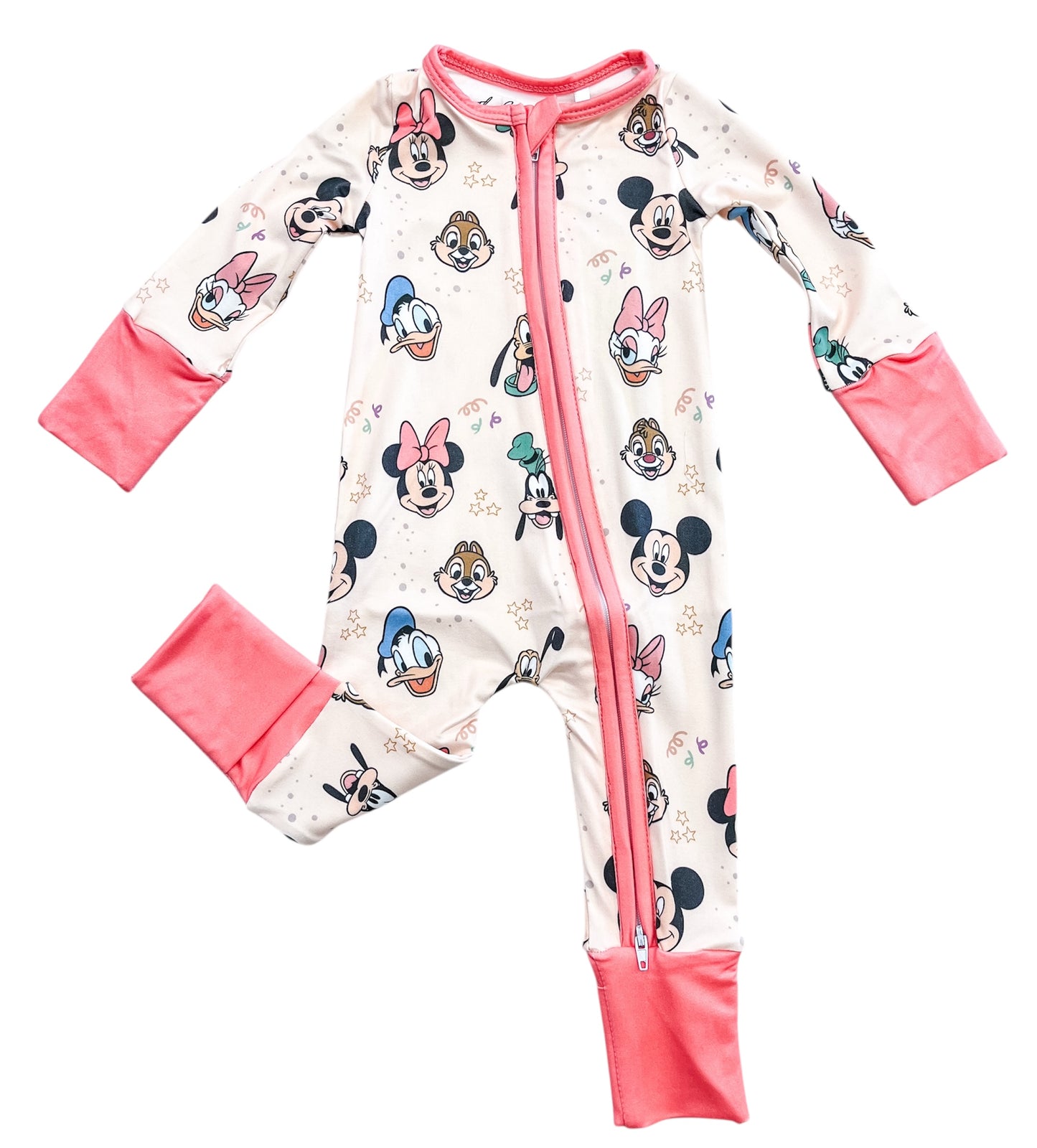 The Magic Friends Zippy by Tiny Tot Bundles is a white baby onesie with a front zipper, long sleeves, pink cuffs, and colorful cartoon prints featuring Mickey Mouse, Minnie Mouse, and other Disney characters.