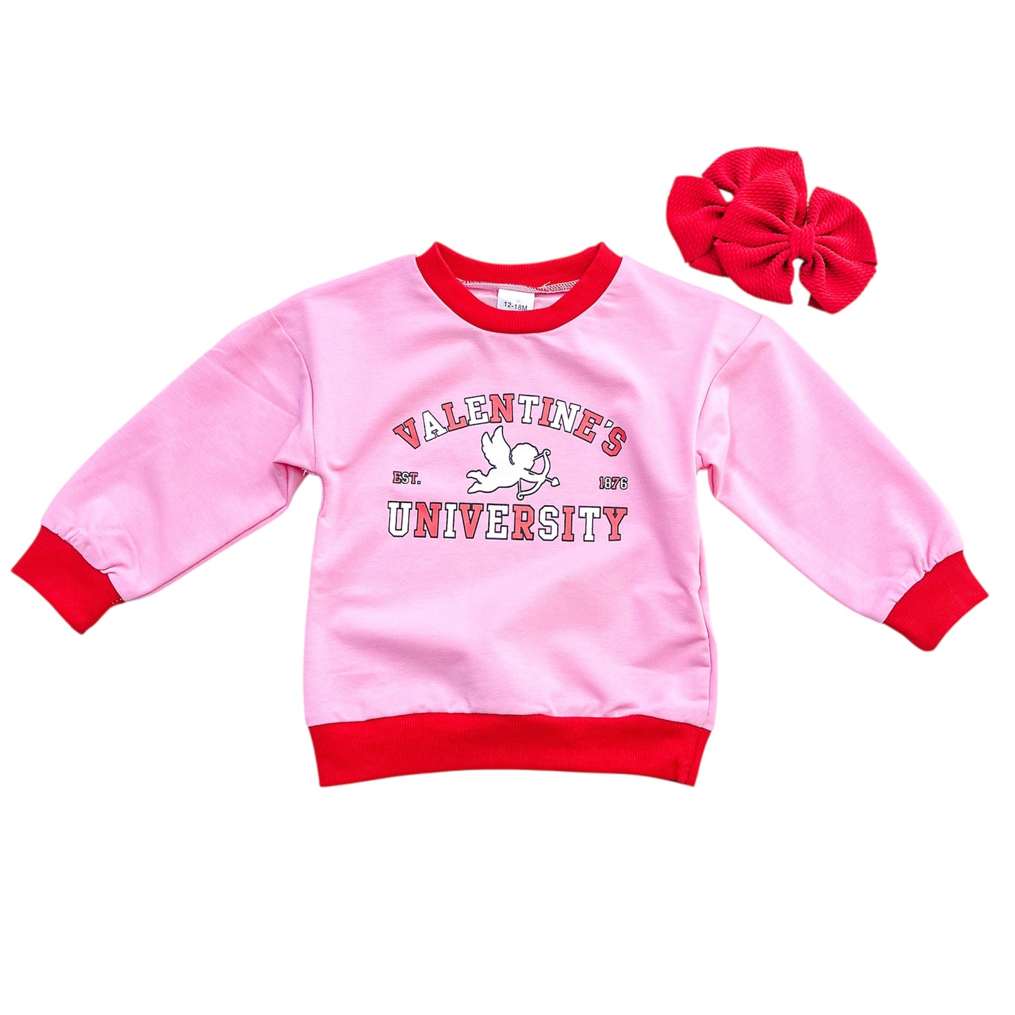 The Tiny Tot Bundles Valentines University Pullover is a pink sweatshirt with red cuffs, collar, and a white cartoon dove plus text on the front. A matching red hair bow is included.