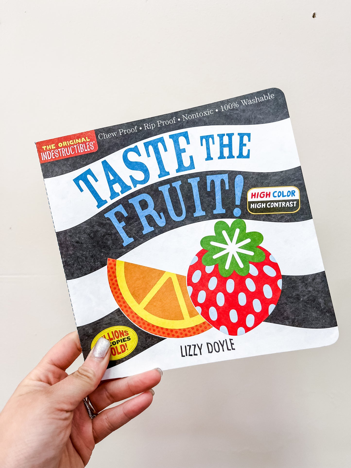 A hand holds the Taste The Fruit Book by Hachette Book Group, showing a high-contrast cover with a strawberry and orange slice, black-and-white stripes, and colorful labels for durability.