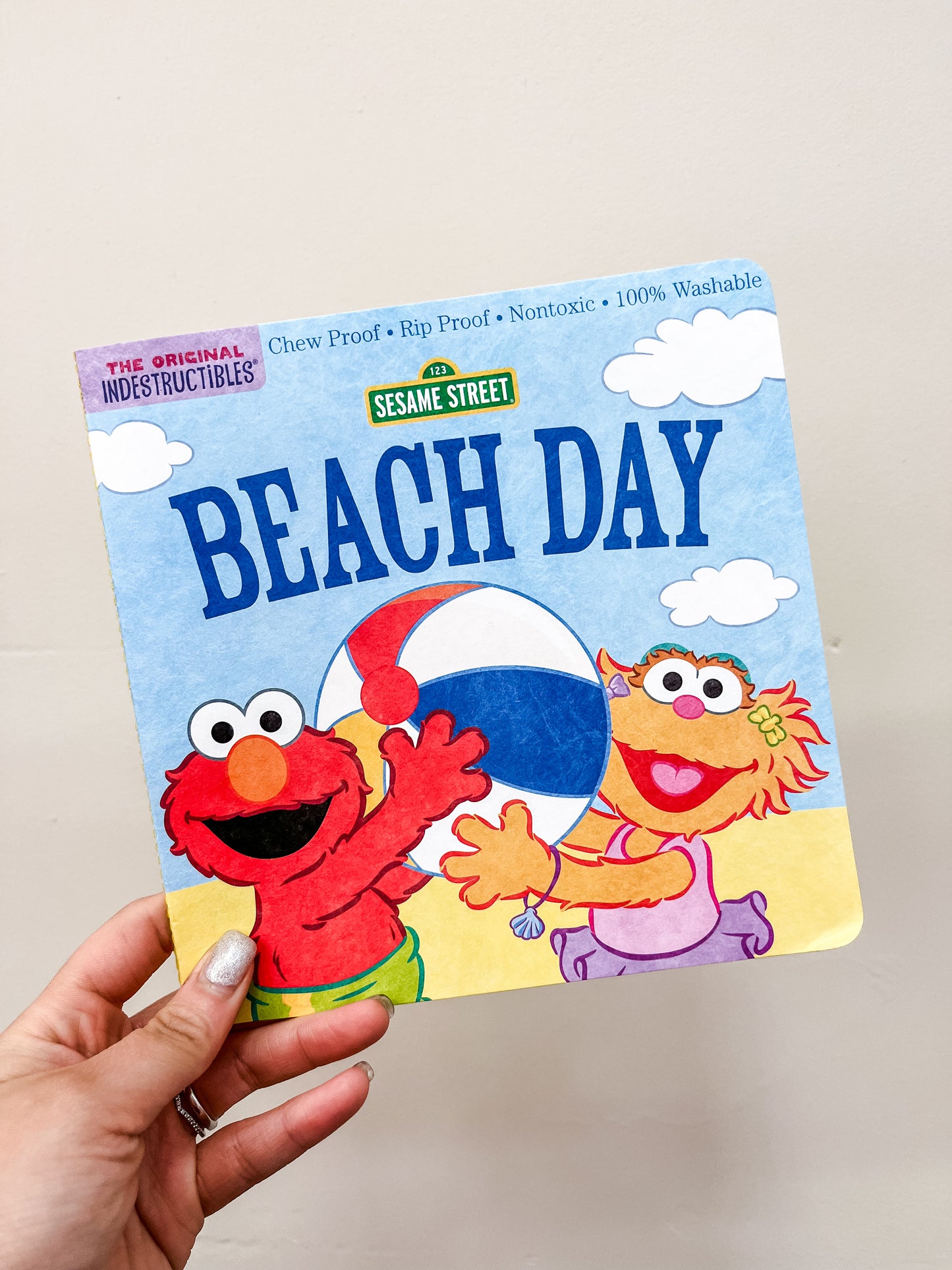 A hand holds the Beach Day Book by Hachette Book Group, showing Sesame Street’s Elmo and Abby playing with a beach ball under a blue sky on the colorful cover.