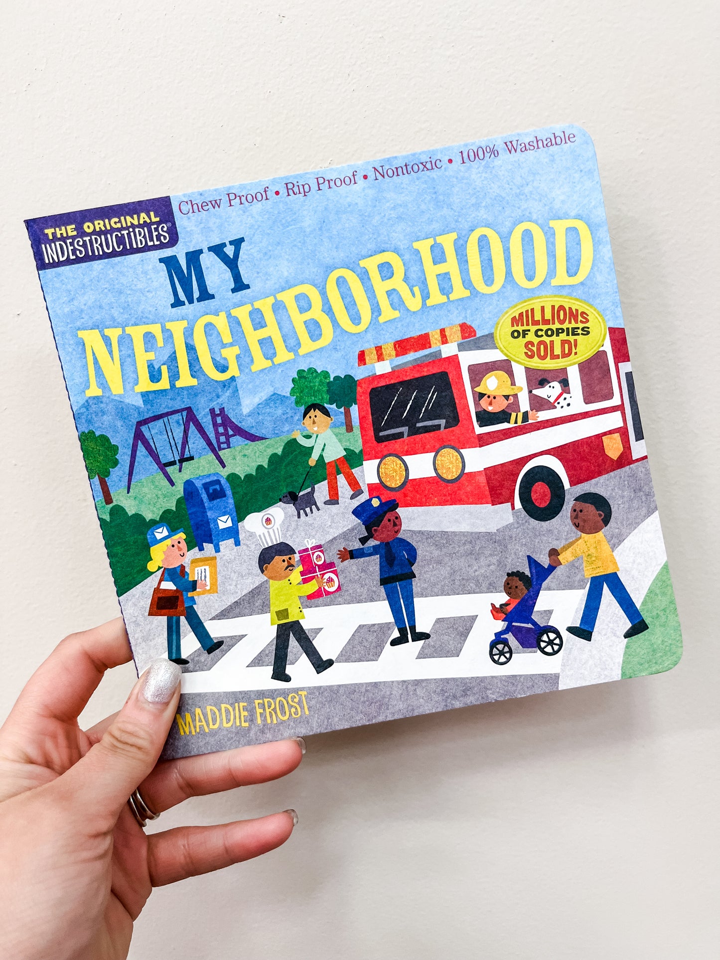 A hand holds the children’s book "My Neighborhood Book" by Hachette Book Group, featuring a cover with diverse people and children crossing a street, alongside a fire truck, trees, and houses in the background.
