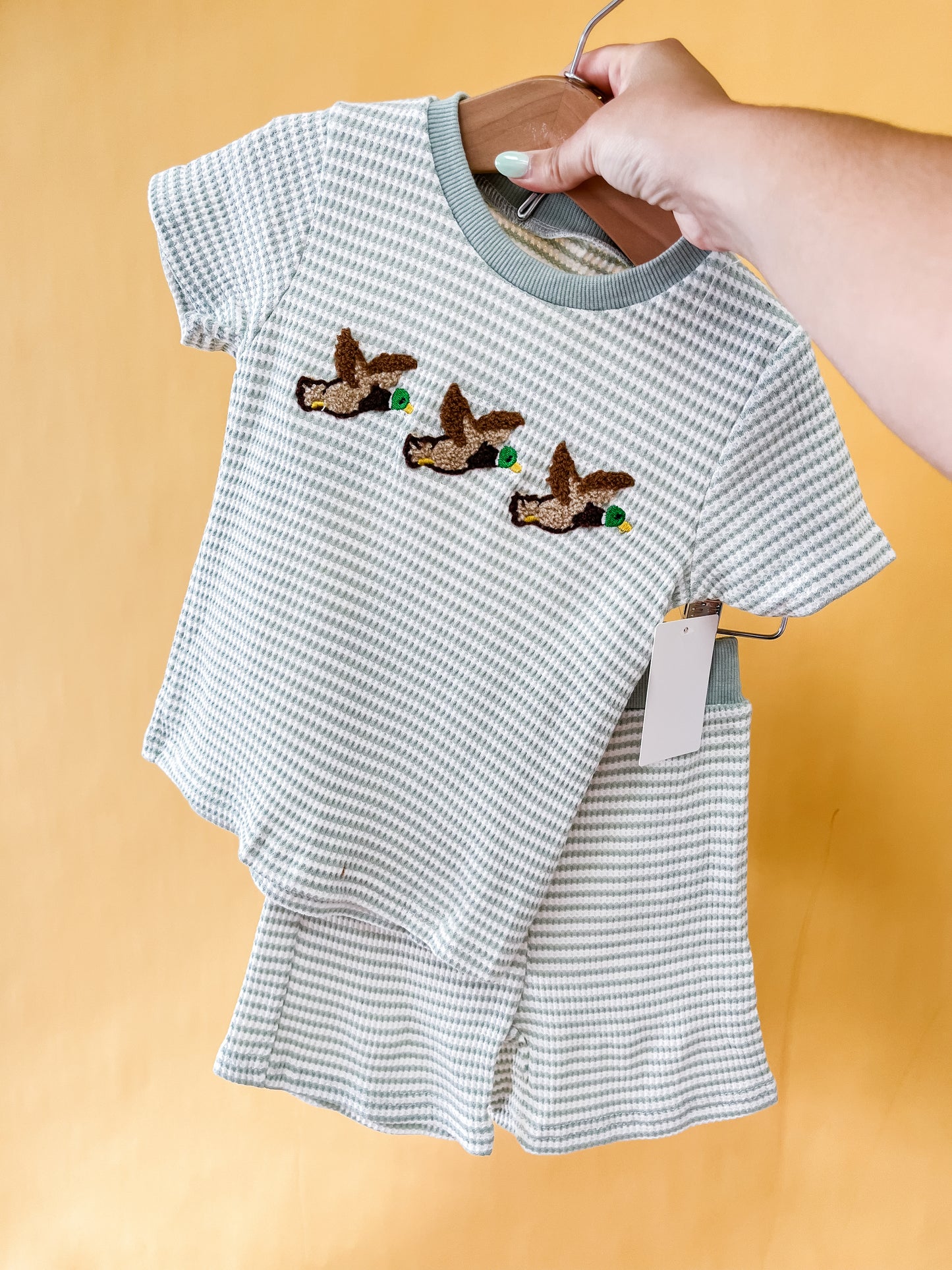 A hand holds the Tiny Tot Bundles Duck Stripe Set, a child’s short-sleeve green-and-white checkered outfit featuring three embroidered ducks on the front, displayed on a wooden hanger against a yellow background.