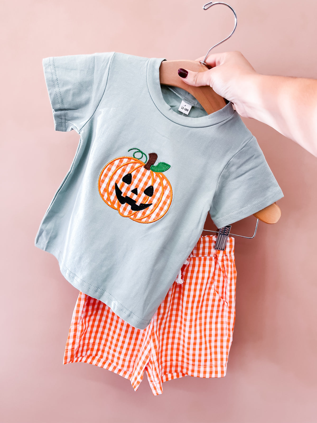 A hand holds the Tiny Tot Bundles Pumpkin Gingham Short Set, showcasing a light blue t-shirt with a smiling pumpkin and coordinating orange gingham shorts against a pale pink background.