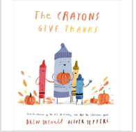 The Crayons Give Thanks children’s book cover features four colorful crayons holding pumpkins surrounded by falling autumn leaves.