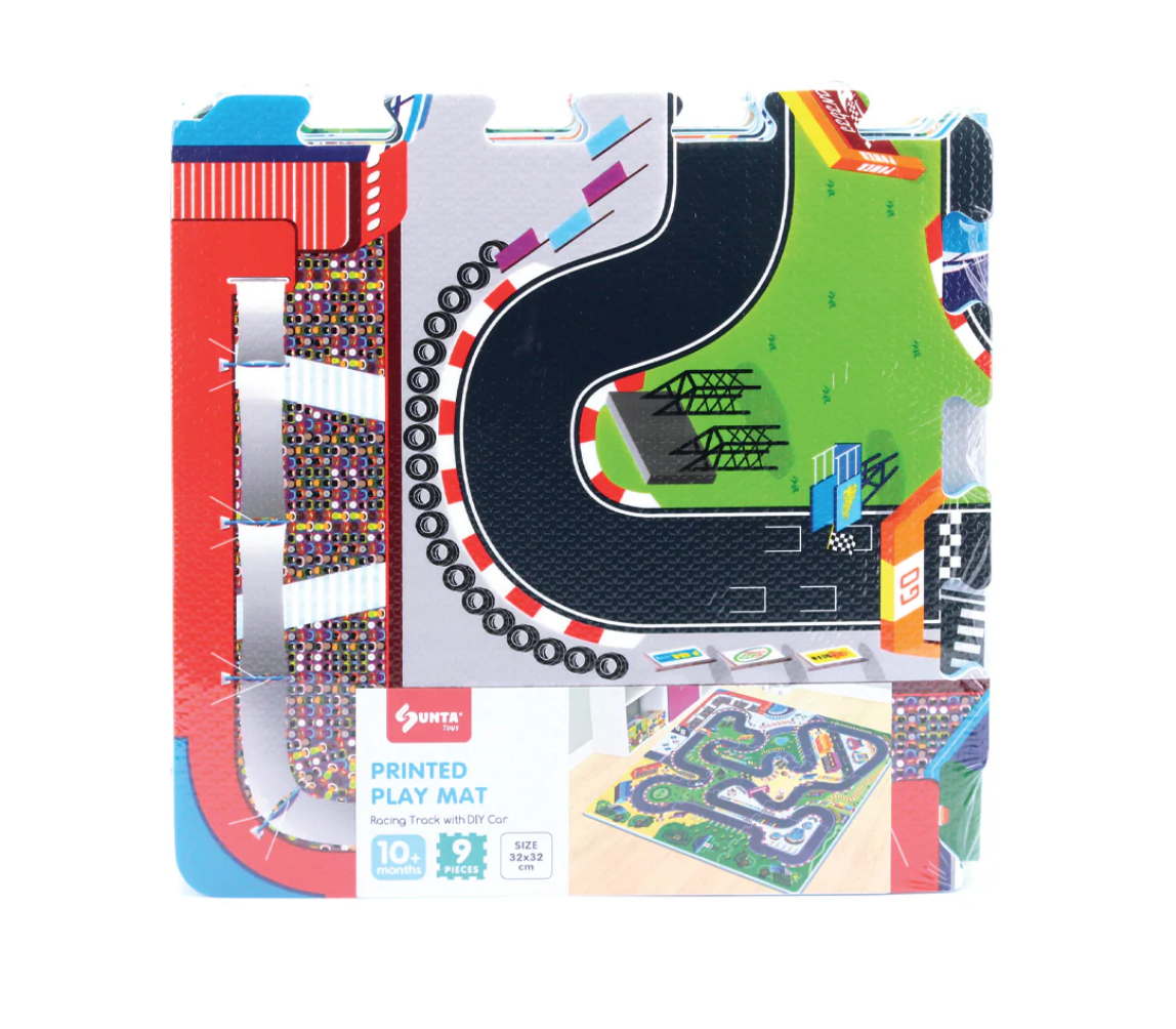 The Triaction Race Car & Race Track Play Mat features interlocking foam puzzle pieces with a racing track print, comes with a toy car, and is suitable for children aged 10 months and up. Packaging displays the assembled mat.