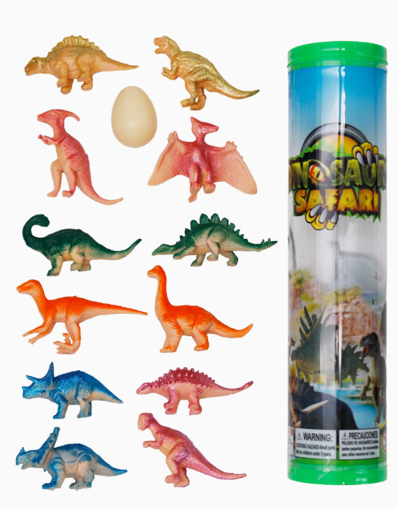 A 13-piece Dinosaur Figures Collection Tube by Toy Smith features colorful plastic dinosaur figurines and a dinosaur egg, all arranged beside a tall cylinder with jungle-themed Dinosaur Safari labeling.