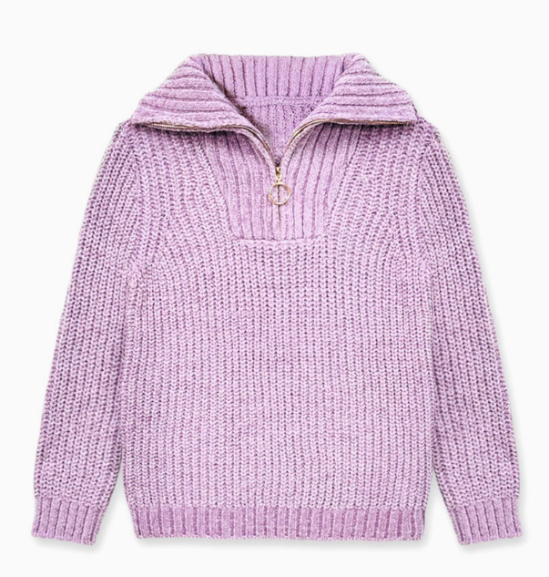 The Cutie Patootie Snuggle Belle Knit Pullover is a lavender chunky sweater with a half-zip front, round pull tab, ribbed fold-over collar, cuffs, and hem.