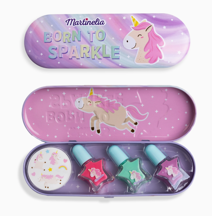 The Toy Smith Little Unicorn Nail Polish & Stickers set features three star-shaped pastel polishes (pink, green, purple) and a round sticker sheet in a unicorn-themed case labeled "Born to Sparkle" with a unicorn illustration.