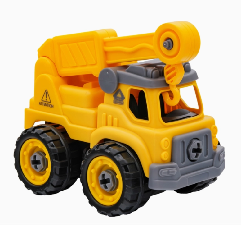 The Toy Smith Take Apart Construction Toy is a yellow and gray crane truck with black tires and a movable hook arm, designed for children, shown on a white background.