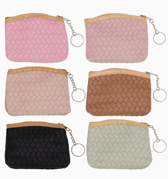 Six Matte Leather Coin Purses by Tiny Tot Bundles in pink, light pink, beige, brown, black, and light green with zipper closure and keyring, shown in two rows of three on a white background.