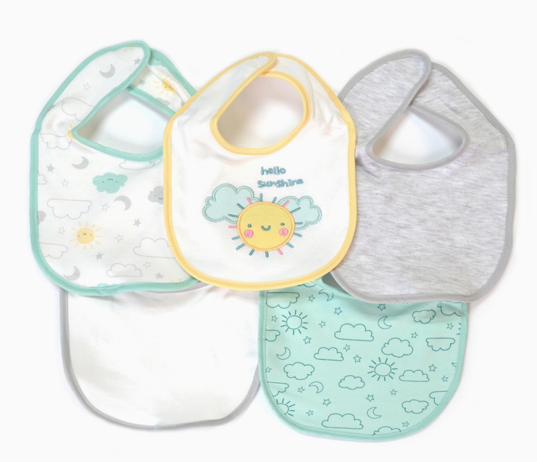 The Hello Sunshine Bib Set by Lollipop Dreams includes five bibs in white, gray, yellow, and light blue with cloud, moon, and sun patterns; one features a smiling sun and the phrase "hello sunshine.