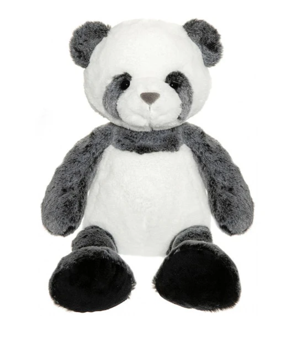 The Triaction Panda Plush features white and grey fur with black ears, eye patches, and feet, sitting upright against a plain white background.