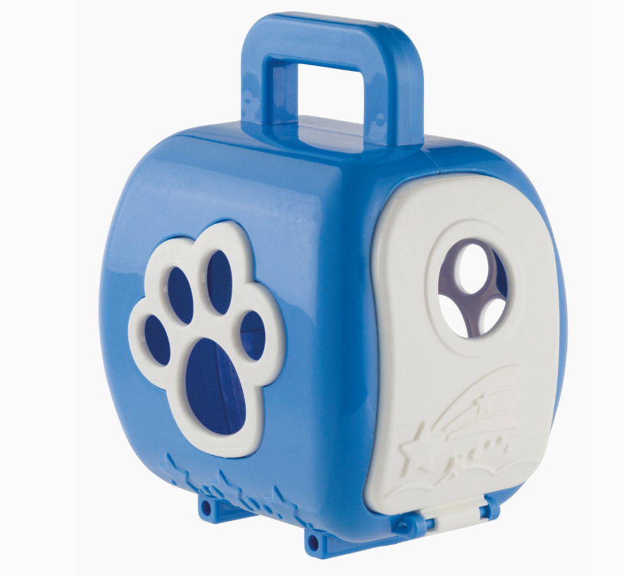 The Toy Smith Farm Fresh Carry-Along Critters is a small blue and white pet case with a large paw print on the side, sturdy top handle, and vent holes for airflow.
