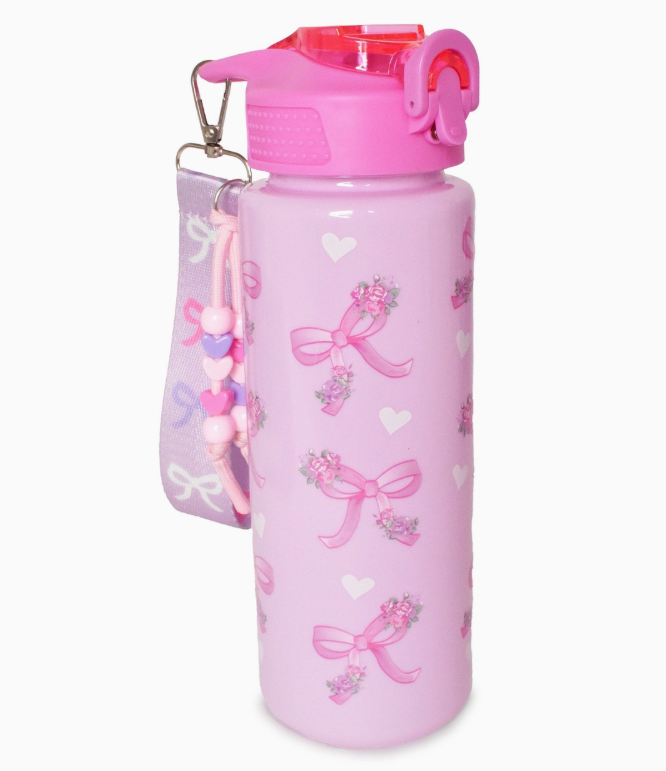 The Blush Bow Garden Water Bottle by omg Accessories features heart and bow designs, a pink lid, flip-top spout, and an attached beaded strap with clip.