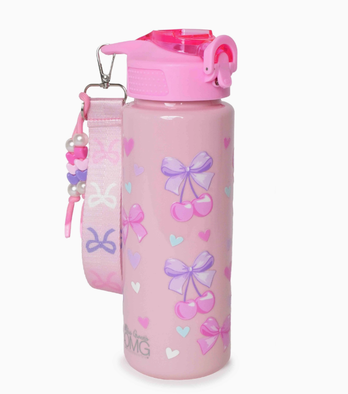 The omg Accessories Cherry Kisses Bow Water Bottle features a pink design with colorful bows, cherries, and hearts. It includes a matching pink lid, beaded carrying strap, and metal clip on the handle.