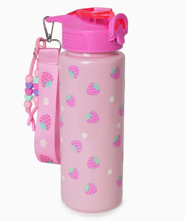 The omg Accessories Strawberry Sprinkle Water Bottle features a pink design with strawberries, small white flowers, a matching pink lid, and a beaded strap adorned with heart-shaped accents.