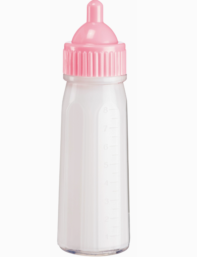 The Toy Smith Sweet Baby Large Magic Bottle Toy is a clear plastic baby bottle with measurement markings, a pink screw-on cap, and a silicone nipple.