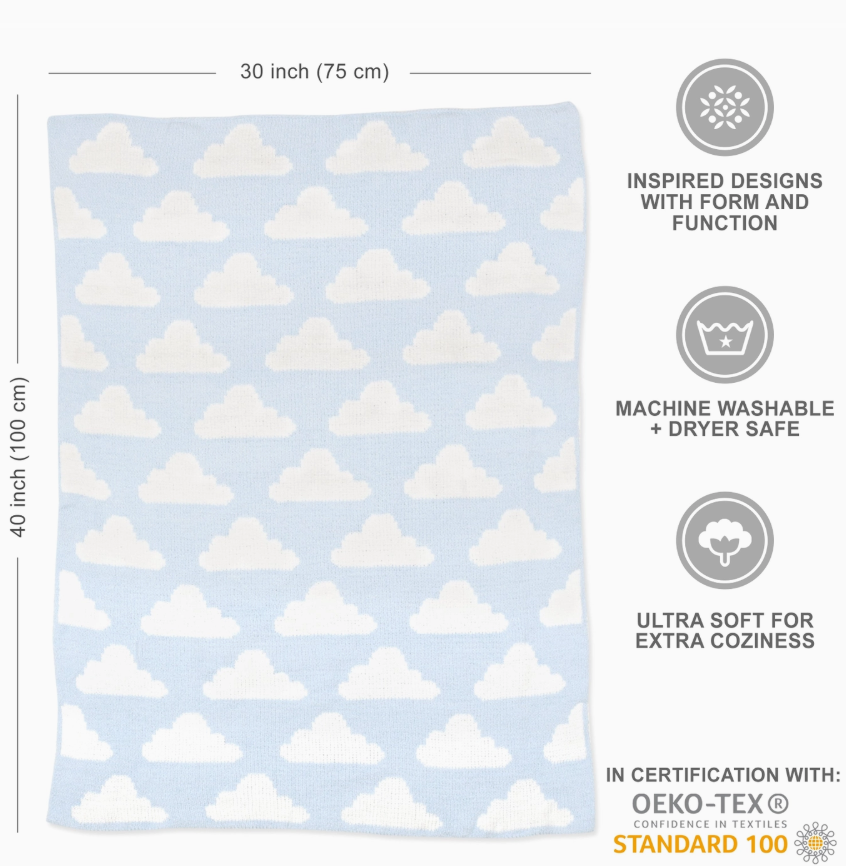 The living textiles Chenille Baby Blanket - Blue Clouds features soft chenille fabric, a 30"x40" size, white cloud patterns, machine wash safety, and OEKO-TEX certification for trusted textile safety.
