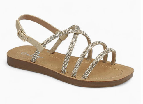 The Fashion Emporio Sparkle Bay Sandal is a beige flat with a buckle heel strap and four thin rhinestone-accented straps across the top.