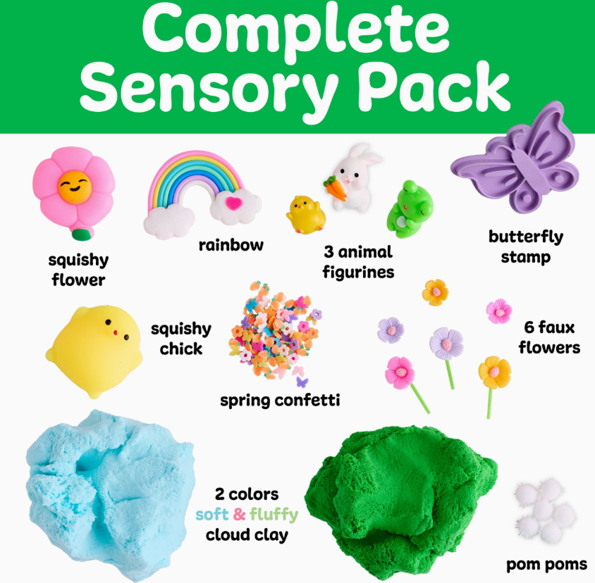 The Creativity For Kids Sensory Pack Play Kit: Garden Friends features labeled items like a squishy flower, rainbow, 3 animal figurines, butterfly stamp, squishy chick, spring confetti, 6 faux flowers, cloud clay in green and blue, and pom poms.