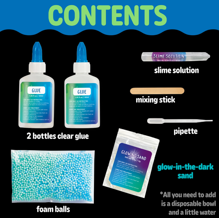 Image of the Diy Glowing Squishy Slime Mini Kit by Creativity For Kids with two clear glue bottles, a slime solution tube, wooden mixing stick, pipette, foam balls bag, and glow-in-the-dark sand bag.