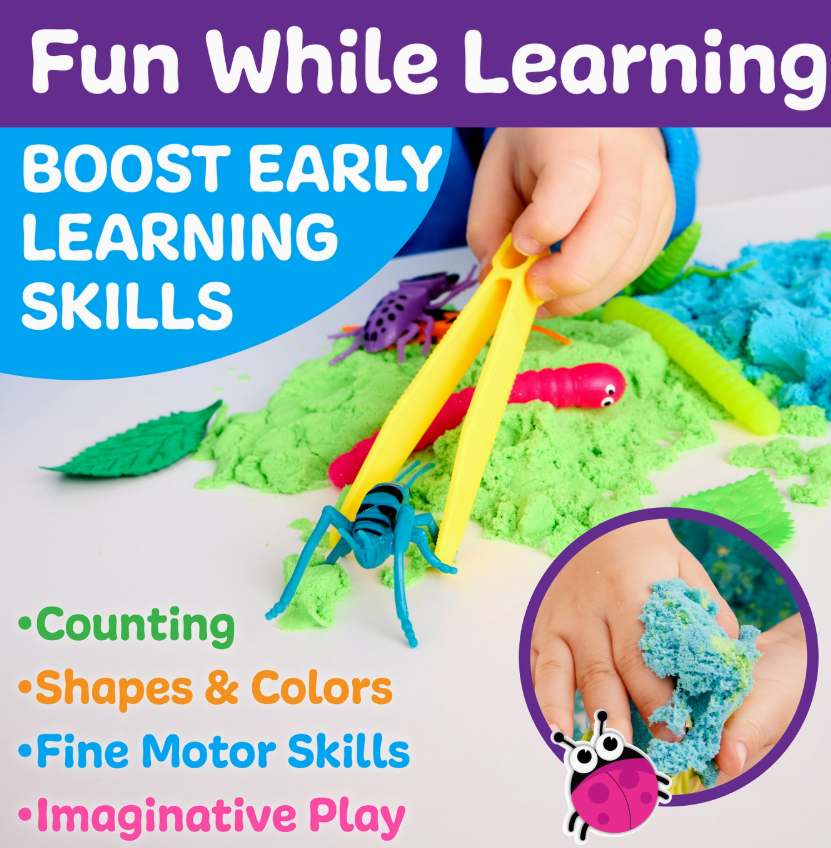 A child uses yellow tweezers from the Creativity For Kids Sensory Adventure Bucket: Neon Bugs to pick up a toy bug from colorful play sand. Benefits include counting, shapes, colors, fine motor skills & imaginative play. Inset shows squeezing blue sand.