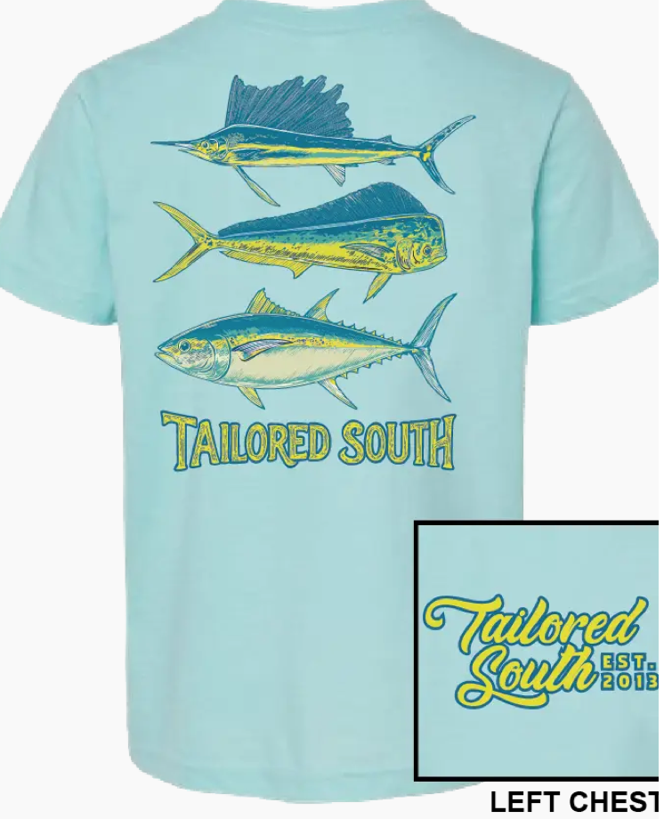 The Wild Trail Outfitters 3 Fish Purist Blue Youth T-shirt features three fish and "Tailored South" on the back, with "Tailored South EST. 2013" in yellow and white script on the front left chest.