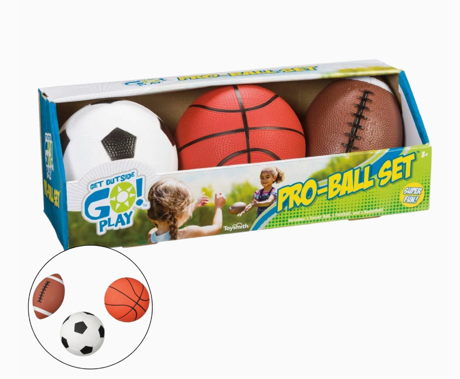 The Tiny Tot Bundles Get Outside Go! Pro-Ball Set includes a white and black soccer ball, orange basketball, and brown football in packaging with playful kids and colorful outdoor play text.