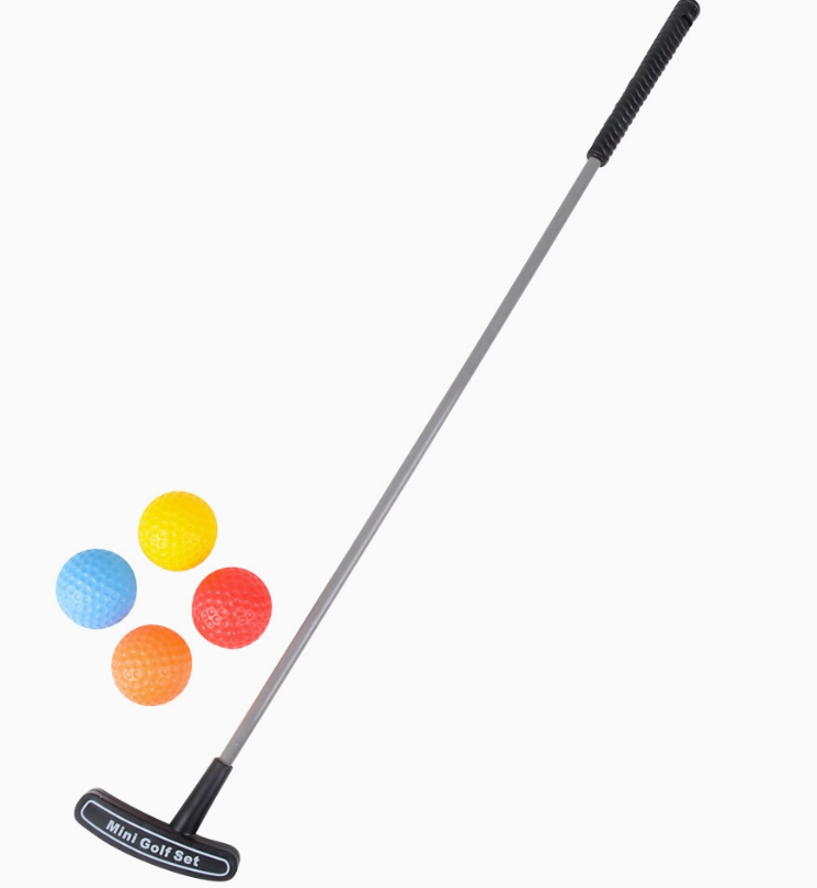 The Toy Network’s Little Golfer Play Set features a mini golf putter with a black grip and four golf balls in blue, yellow, orange, and red, neatly arranged on a white background.