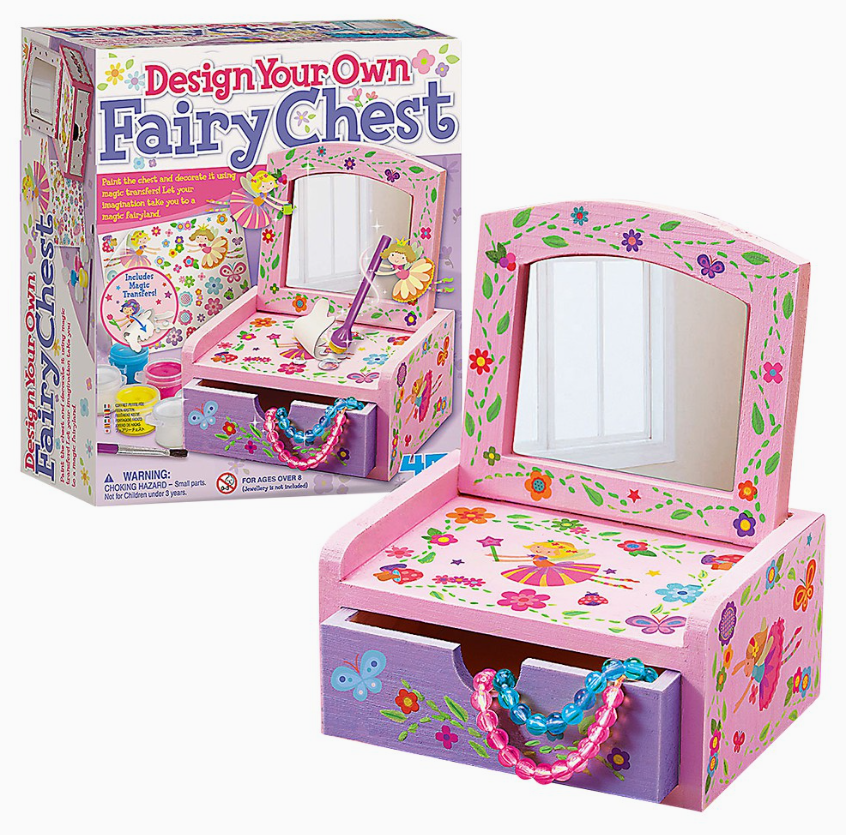 The Tiny Tot Bundles Design Your Own Fairy Chest kit includes a pink jewelry box with colorful flowers, butterflies, a mirror, and beaded necklaces. Recommended for ages 5 and up.